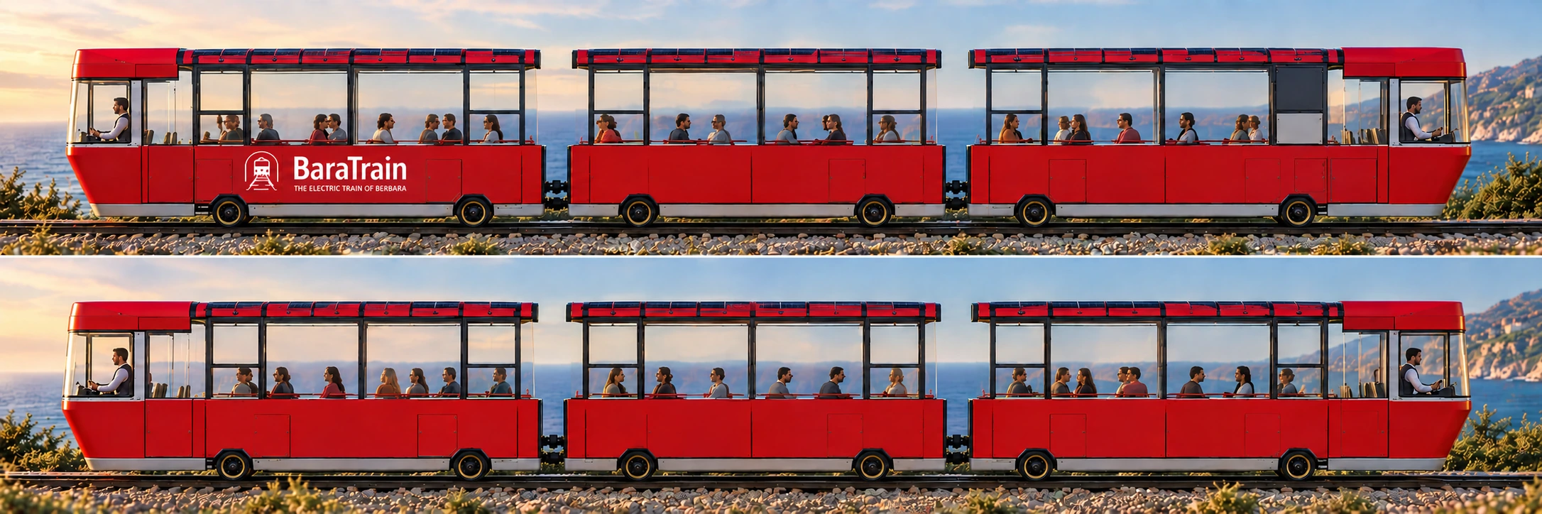 BaraTrain train, with solar roofs, beside the Lebanese coast — AI visualisation.